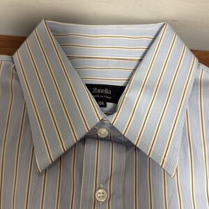 NWT Zanella Mens Shirt Blue Tan Stripe Long Sleeve Button Up w/French Cuff.